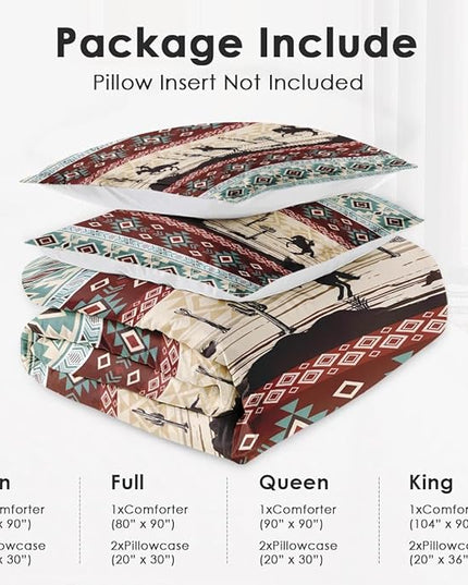 Full Size Comforter Set with 2 Pillowcases, Tribal Cowboy Horses 3 Pcs Bedding for Kids and Adults, Retro Vintage Western Soft Comforter Set for Bedroom Bed Decor