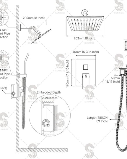 SR SUN RISE Shower System - Shower Faucet Set with 8 Inch Rain Shower Head and Handheld Shower - High Pressure Rain Shower System - All Metal Shower Faucet Trim Repair Kits - Polished Chrome