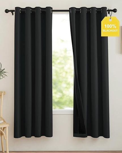 NICETOWN 100% Blackout Curtains 72 inch Long, Grommet Travel Blackout Curtains Thermal Window Treatments Lightweight Easy to Install for Baby/Kids Room, Jet Black, W52 x L72, 2 Panels