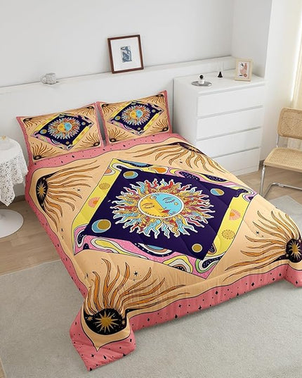 Manfei Starry Sky Galaxy Trippy Comforter Set Queen,Sun Moon Bedding Set 3pcs for Kids Teens Adults Room Decor,Geometric Boho Exotic Comfy Quilt Set,Colorful Vintage Duvet Insert with 2 Pillowcases