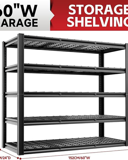 5-Tier 60”W x 24”D x 78”H Garage Shelving Adjustable Metal Storage Shelves 3000LBS Garage Shelving Heavy Duty Utility Shelf Unit Storage Racks for Warehouse(Black)