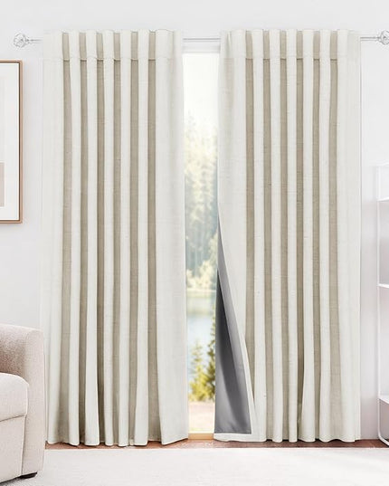 HESTIA Linen Blackout Curtains 72 inches Long 100% Light Blocking Thermal Insulated Drapes Rod Pocket Back Tab Window Curtain for Living Room Bedroom,White,2 Panels (52" W x 72" L)