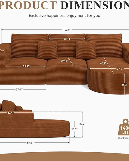 Modular Sectional Sofa with L-Shape Chaise,Cloud Sectional Modern Sleeper Couch with Deep Seat,Sponge Compression Sofas No Assembly Required(Brown-Corduroy Fabric) 1PCS
