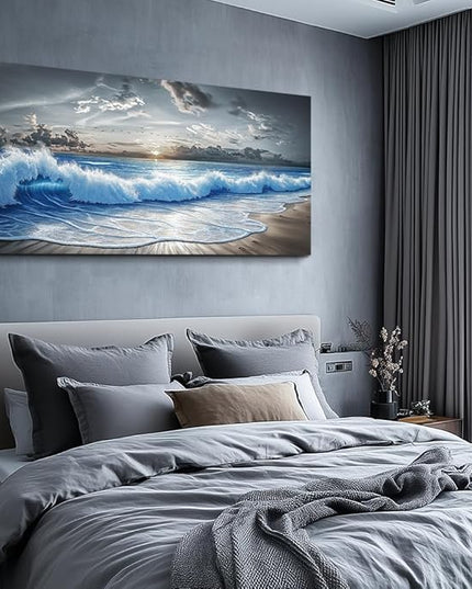 PHAOHUAXM Large Canvas Printed Artworks Mural Wall Decor For Living Room Wall Art For Bedroom Office Decor Black White And Blue Ocean Wave Landscape Painting Modern Home Decor Ready To Hang 30"X60"