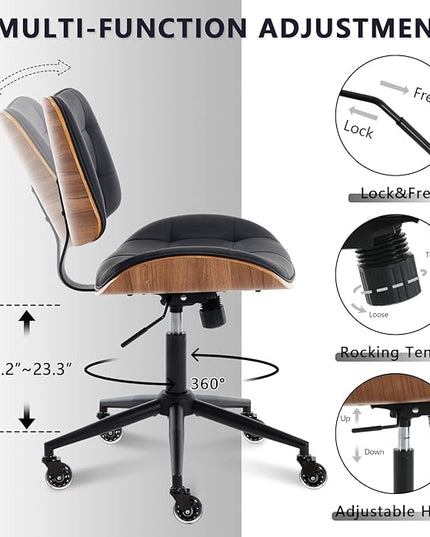 Home Office Desk Chair with Wheels, Adjustable Height Armless Office Chair, PU Leather Mid Back 360° Small Computer Chair, Modern Walnut Chair No Arms for Office, Reading Meeting Room(Black)
