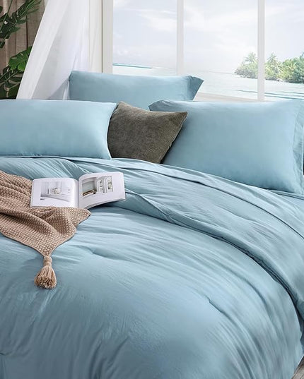 WRENSONGE Queen Comforter Set, 7 Pieces Soft Blue Bed in a Bag Queen with Fitted Sheet, Flat Sheet, 2 Pillow Shams, and 2 Pillowcases- Warm Bedding Sets for All Season