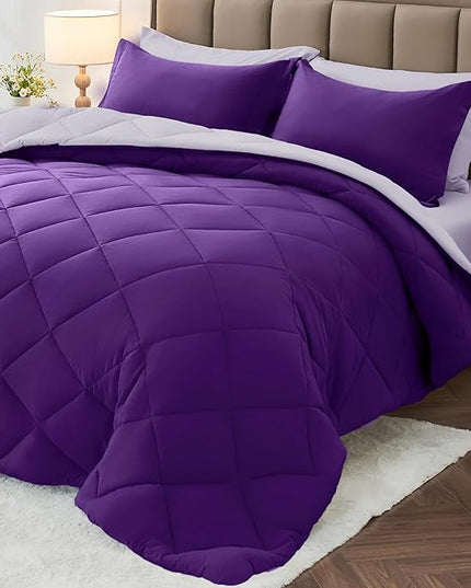 MUXHOMO 7 Pieces Queen Comforter Set, Reversible Bed in a Bag Queen Size, All Season Bedding Set with Comforter, Flat Sheet, Fitted Sheet, Pillowcases & Shams, Purple & Lavender