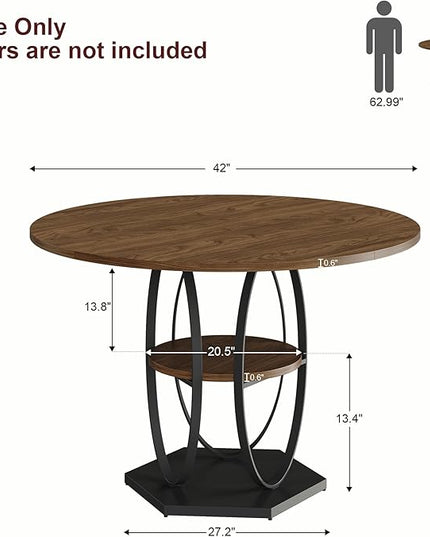 Round Dining Table for 4, 3-Tier Dinner Room Tables with Storage Shelf, Space Saving Small Kitchen Table, Farmhouse Dinner Table with Wooden Tabletop and Hexagonal Base (Walnut, 42inch)