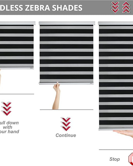 ShadesU Cordless Zebra Blinds – Light Filtering Dual-Layer Window Shades for Privacy (Black Color) (Maximum Height 72") (Width 27.5")
