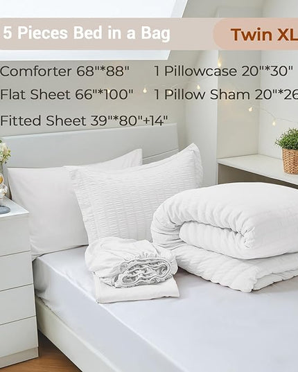 MUXHOMO 5 Pieces Twin XL Comforter Set, Seersucker Bed in a Bag Twin XL Size, All Season Luxury Bedding Set with Comforter, Flat Sheet, Fitted Sheet, Pillowcase & Sham, White