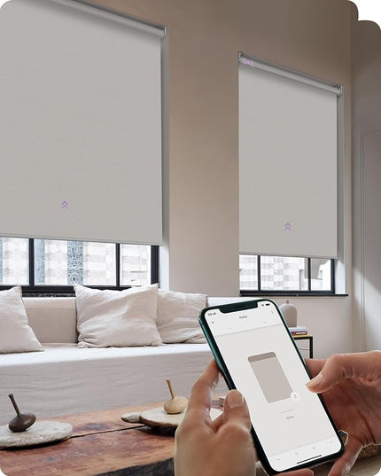 Graywind Smart Roller Shades 100% Blackout Window Blinds with APP Control Customized Automatic Shades for Home and Office(27" Wx72 H,White)