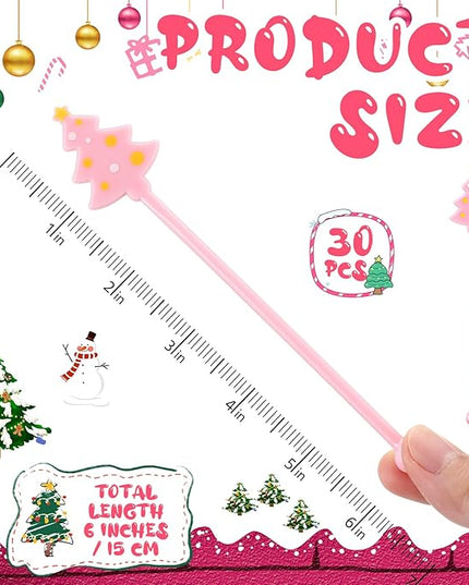 30 Pcs Christmas Drink Stirrers Xmas Stir Stick Holiday Coffee Swizzle Stick Reusable Plastic Hot Cocoa Bar Chocolate Decoration Cocktail Mixer(Christmas Tree,Pink Color)