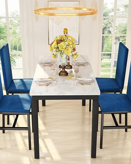 AWQM Dining Table Set for 4, Modern Marble Dining Table Set with 4 Upholstered Velvet Chairs,Dining Room Table Set for Kitchen, Breakfast Nook, Dining Room, White and Blue