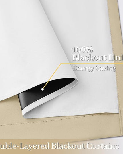 Yakamok 100% Blackout Curtain Panels 96 inches Cold and Light Blocking Drapes for Nursery, 2 Thick Layers Thermal Insulated Draperies (2 Pieces, 50 Wide Each Panel, Beige Front with White Backing)
