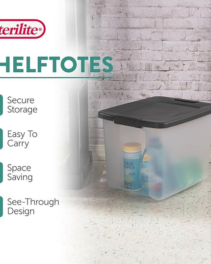Sterilite 12-Pack 50 Quart ShelfTote, Clear Plastic Storage Organizer Bins with Gray Lids – Stackable Home and Office Containers for Closet or Shelves