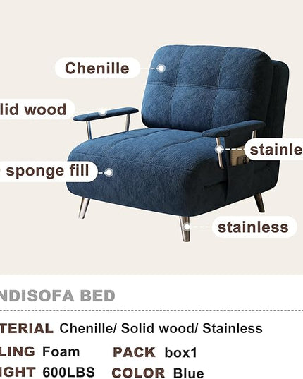 5-in-1 Blue Single Convertible Sofa Bed, Sleeper Sofa Chair with Armrest Storage Pocket, Mid-Century Modern Living Room Chairs Style