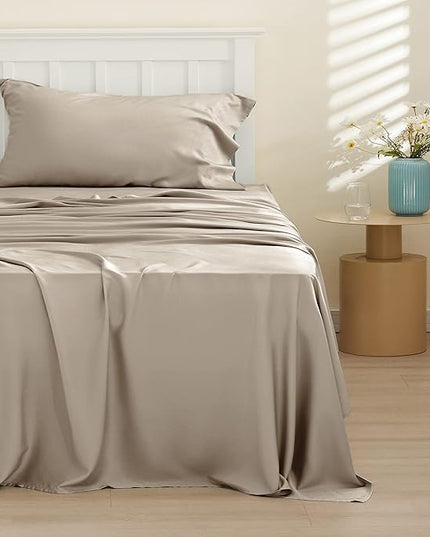 Bedsure Cooling Sheets Twin XL, Rayon Derived from Bamboo, Breathable & Soft Twin XL Sheet Sets, Deep Pocket Up to 16 Inches, Hotel Luxury Silky Dorm Bedding for Hot Sleepers, Simply Taupe