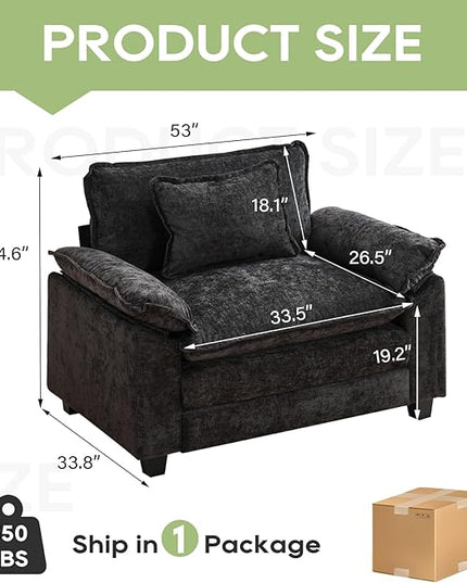 Modular Sectional Sofa, Comfy Cloud Couch Sectional Sofa, Chenille Sofa Sleeper Deep Seat Sofa with Throw Pillows for Living Room (Black, 53"- Single Seat)
