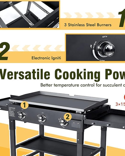 BESTFIRE Foldable Flat Top Grill, Outdoor Griddle-3 Burner Propane Griddle with Two Foldable Shelves,36" Flat Grills Outdoor-45,000 BTU Gas Grill for BBQ& Outdoor Cooking,Black