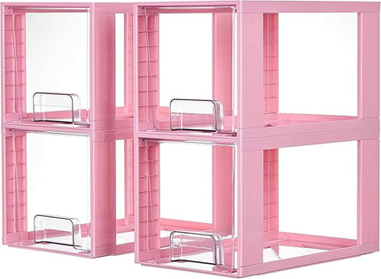 Vtopmart 4 Pack Large Stackable Storage Drawers,Pink,Easily Assemble Acrylic Bathroom Closet Undersink Organizers and Storage,Plastic Bins for Kitchen Cabinets,Pantry,Makeup,Medicine Organization