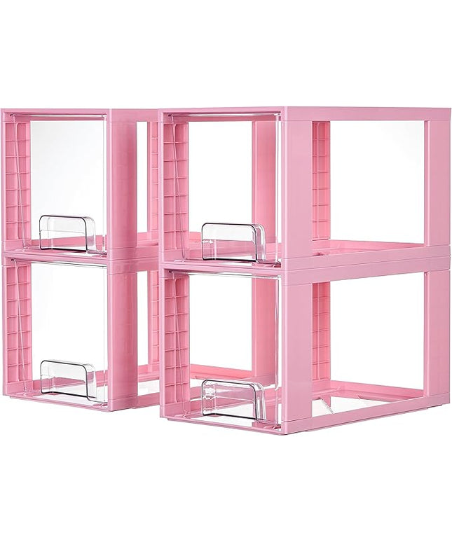 Vtopmart 4 Pack Large Stackable Storage Drawers,Pink,Easily Assemble Acrylic Bathroom Closet Undersink Organizers and Storage,Plastic Bins for Kitchen Cabinets,Pantry,Makeup,Medicine Organization
