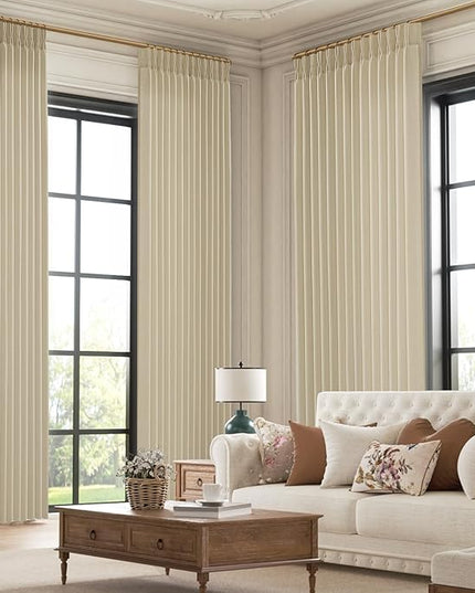 Linen Memory Trained Shaped 96 Inches Long Pinch Pleated Curtains for Living Room, Light Filtering Privacy for Bedroom Cream Beige Elegant Curtain Thick Fabric 8 ft Length 2 Panels Set 40" x 96"