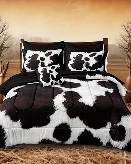 Bedbay Cow Print Comforter Set King Size Bed in a Bag Set Boys Girls Western Farmhouse Animal Print Bedding Set Black White Brown Cowhide Printed Rustic Bedding Comforter 8 Pieces (Cow Print,King)