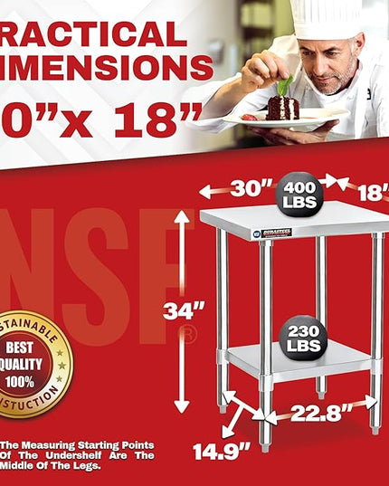 DuraSteel 30x18 Small Stainless Steel Table - NSF Commercial Kitchen Island Food Prep Worktable - Metal Side Mixer Stand with Under Shelf - For Laundry Room, Kitchen, Outdoor Grill, Tiny Spaces