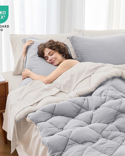 MUXHOMO 7 Pieces Queen Comforter Set, Reversible Bed in a Bag Queen Size, All Season Bedding Set with Comforter, Flat Sheet, Fitted Sheet, Pillowcases & Shams, Light Grey & Beige