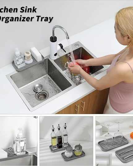 Silicone Kitchen Sink Organizer Tray for Multiple Usage,Eco-Friendly Sponges Holder for Kitchen Bathroom Counter or Sink,Dish Soap Dispenser,Scrubber,Bottle,Cup (Grey, 10"×5.3")