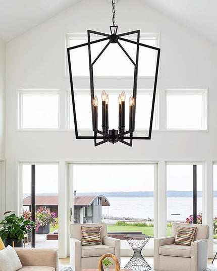Vezzio Black Chandelier, 6-Light Modern Farmhouse Chandeliers Geometric Industrial Pendant Light Fixture Lantern for Dining Room Foyer Kitchen Island High Ceiling Hallway Entryway, D25 Inch