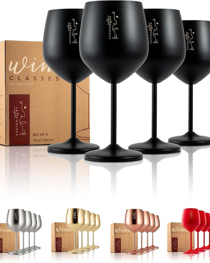 Gusto Nostro Stainless Steel Wine Glass - 18 oz - Unbreakable Black Wine Glasses for Travel, Camping and Pool - Fancy, Unique and Cool Portable Metal Wine Glass for Outdoor Events, Picnics (Set of 4)