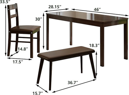 4-Piece Solid Wood Indoor Modern Rectangular Dining Table Set for 4 with Chairs and Bench,Table and Chairs Set with PU Leather Cushion for Kitchen,Bar,Living Room,Breakfast Nook,Brown