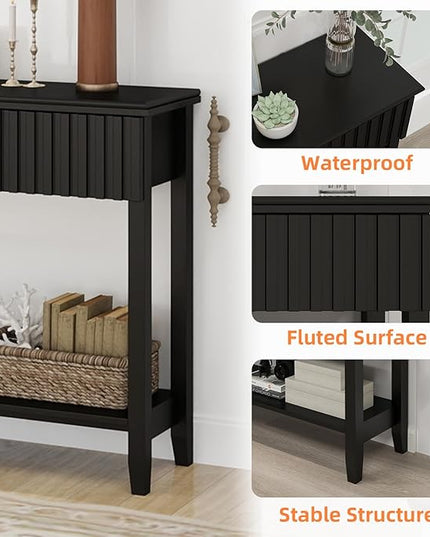 LAZZO Painted Wood Console Table Narrow Long Sofa Table Modern Behind Couch Table Fluted Entryway Table with 3 Drawers and Open Storage Shelf for Living Room, Foyer and Hallway Black (Black, 1 Tier)
