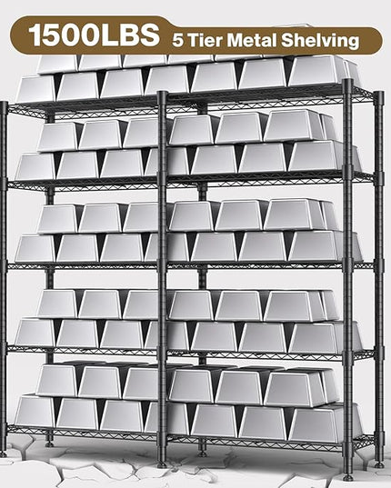 Himimi Storage Shelves-5 Tier Heavy Duty Wire Shelving Unit with Leveling Feet, 1500LBS Adjustable Metal Shelves Organizer for Kitchen Garage Pantry Laundry, 60" W*14" D*72" H, Black