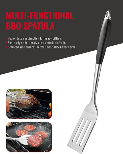 Stainless Steel BBQ Tool Set | Dark-Dyed Wood Handles | Heavy Duty Grilling Accessories | 3-Piece Outdoor Barbecue Grill Utensil Set with Spatula, Fork, and Tongs - Ideal Gift for Men…