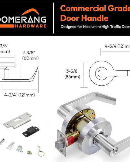 Boomerang Privacy/Bathroom Function - ADA Commercial Door Lever Lock - Heavy-Duty Locking Door Handle, Cylindrical Lever Lock, Non-Handed Grade 2, Satin Chrome (US26D), Privacy/Bathroom