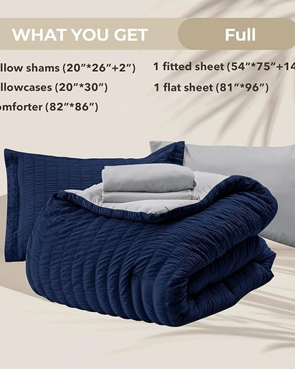 HYMOKEGE Navy Blue/Light Grey Full Size Comforter Sets Seersucker 7 Pieces, All Season Luxury Bed in a Bag for Bedroom, Bedding Set with Comforter, Sheets, Pillowcases & Shams