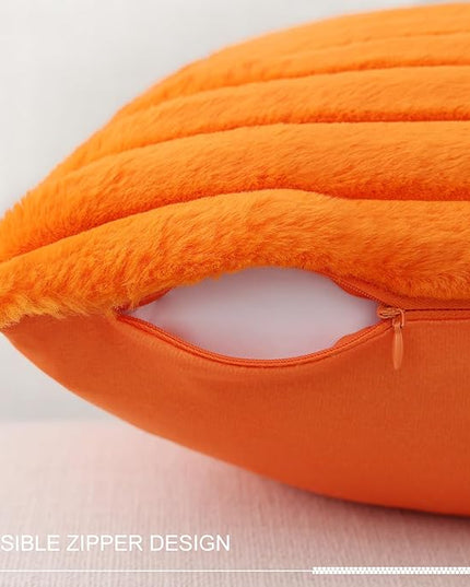 Pallene Faux Fur Plush Fall Throw Pillow Covers 12x20 Set of 2, Luxury Soft Fluffy Striped Decorative Pillow Covers for Sofa, Couch, Living Room, Burnt Orange