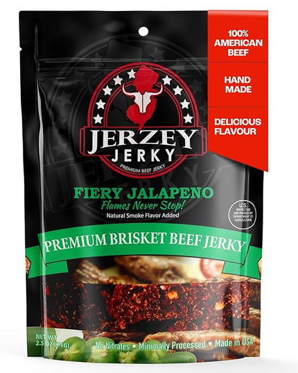 Jerzey Jerky Fiery Jalapeno Brisket Jerky 2.5oz – High Protein, Gluten Free and Healthy Beef Snacks with Rich, Authentic Flavor