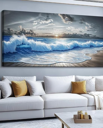 PHAOHUAXM Large Canvas Printed Artworks Mural Wall Decor For Living Room Wall Art For Bedroom Office Decor Black White And Blue Ocean Wave Landscape Painting Modern Home Decor Ready To Hang 30"X60"