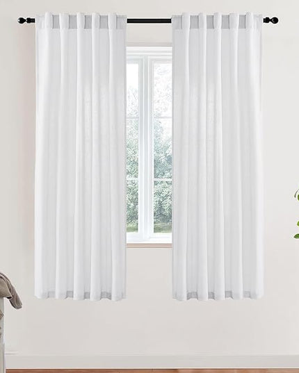 White Sheer Curtains 72 Inches Long for Living Room Bedroom,Linen Cotton Textured Back Tab Hooks Pleat Semi Privacy Light Filtering Sidelight French Door Curtain Drapes 72 In Length 2 Panels Set