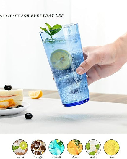 26oz Blue Acrylic Glasses Drinkware (Set of 6), Hammered Design Shatter-Proof Plastic Cups, Reusable Large Drinking Tumblers, Stackable, BPA-Free, Dishwasher-Safe (Blue)