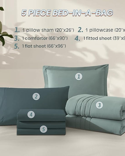 Monbix Twin XL Size Comforter Set - Extra Long 5 Pieces Dorm Bedding Sets, Quilting Design Fluffy Bed in a Bag Twin XL with Sheets, Pillowcase & Sham (Sage Green)