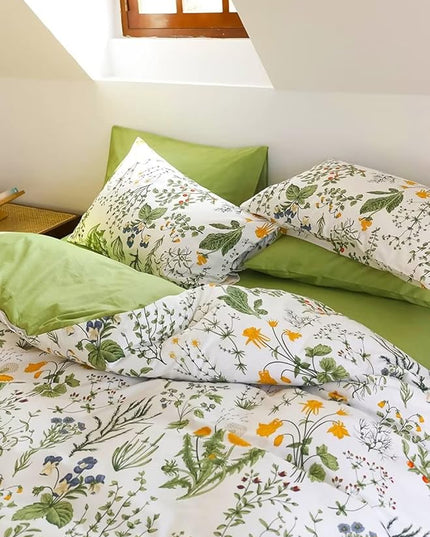 Houseri Green Floral Comforter Set Queen Yellow Small Flowers Botanical Bedding Sets Queen Teen Girls Women Rustic Green Leaves Boho Comforter Queen Size Farmhouse Bed Comforter Blanket Quilt Queen