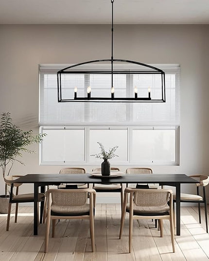 Farmhouse Iron Linear Chandelier, Industrial Cage Adjustable Height Hanging Lamp with Hammered Metal Finish, Light Fixtures for Kitchen Island, Dining Room, Hallway, Foyer, Entryway (Black)