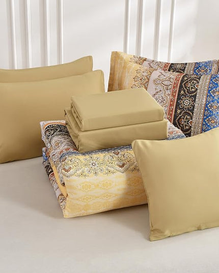 Cottolester Boho King Size Comforter Set 8 Pieces, Yellow Bohemian Striped Bed in a Bag, Paisley Soft Microfiber Bedding Comforter Set