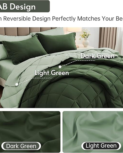 MUXHOMO 7 Pieces California King Comforter Set, Reversible Bed in a Bag Cal King Size, All Season Bedding Set with Comforter, Flat Sheet, Fitted Sheet, Pillowcases & Shams, Dark Green & Light Green