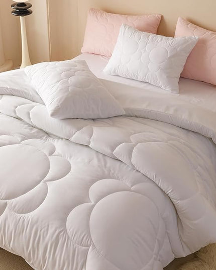 CLOTHKNOW White Full Size Comforter Sets 3Pcs Daisy Puff Pattern Bedding Comforter Sets Soft Floral Boho Comforter White Comforter with 2 x Pillow Cases