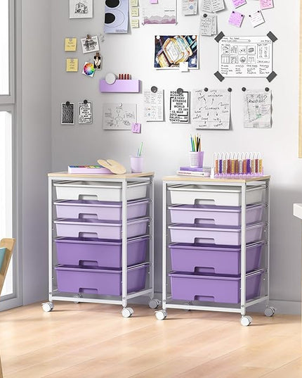 Utility Cart with 5 Drawers,Storage Drawer Cart with Wooden Tabletop and Lockable Wheels,Craft Storage Trolley Cart,5-Tier Rolling Utility Cart on Wheels,Purple